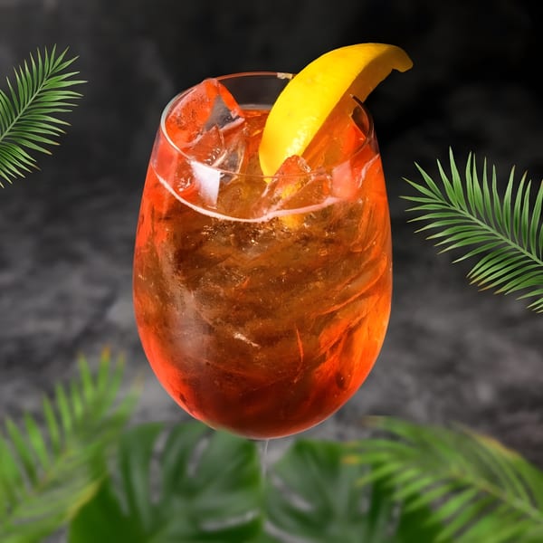 A vibrant orange cocktail with ice and a lemon wedge, surrounded by green palm leaves.