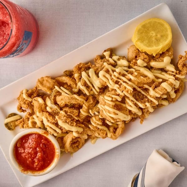Crispy fried calamari drizzled with aioli, served with marinara sauce and a lemon wedge.